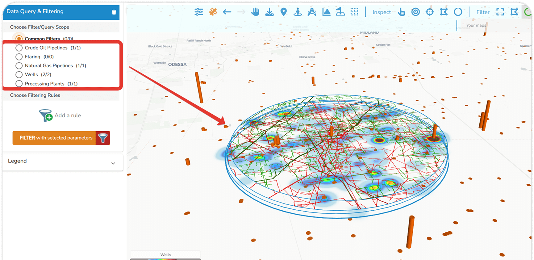 View flaring alongside wells, pipelines..